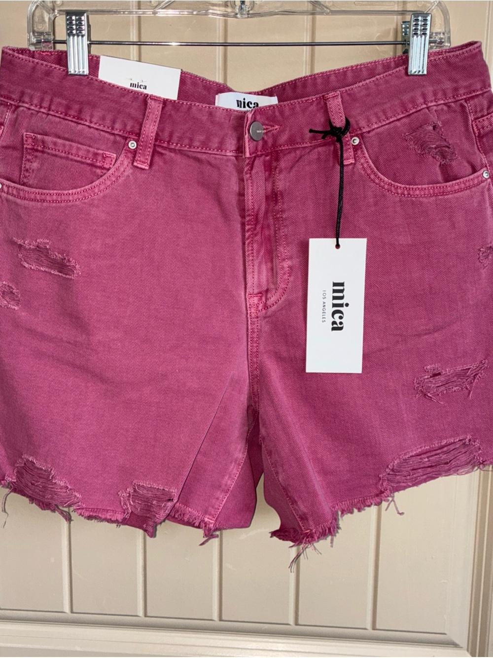Mica Los Angeles Rose-Pink Distressed Denim Shorts